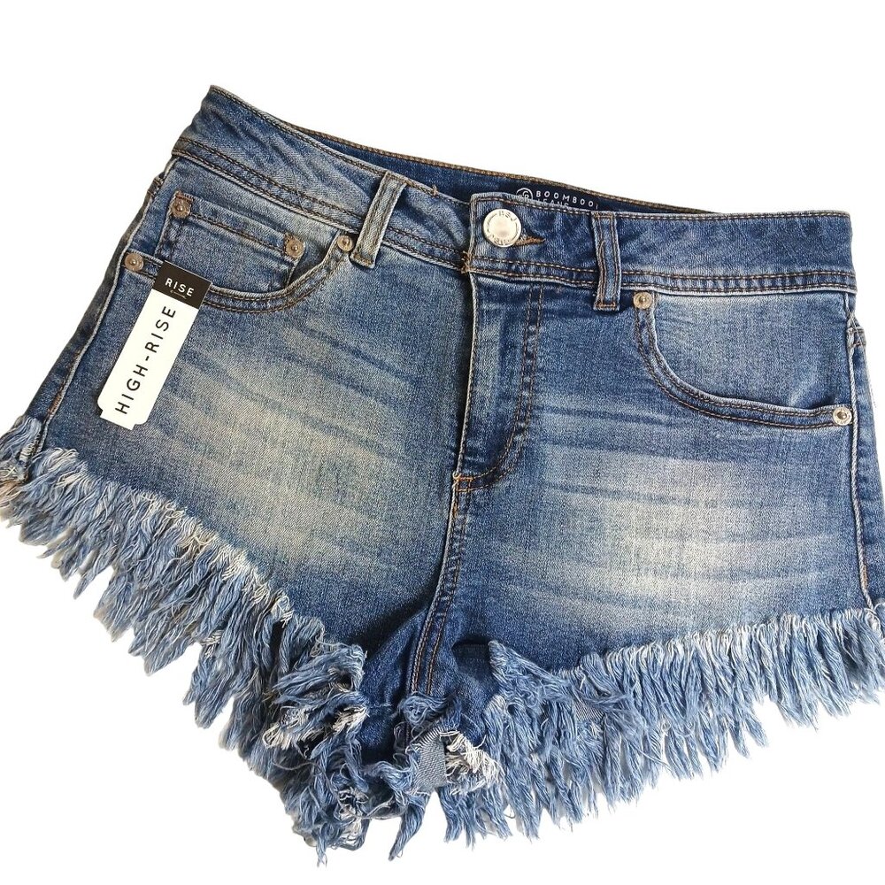 Boomboo! High-Rise Distressed Denim Shorts Blue Frayed Hem